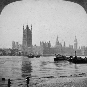 The Palace of Westminster beside the Thames before the river was embanked, Westminster, London, 1860s