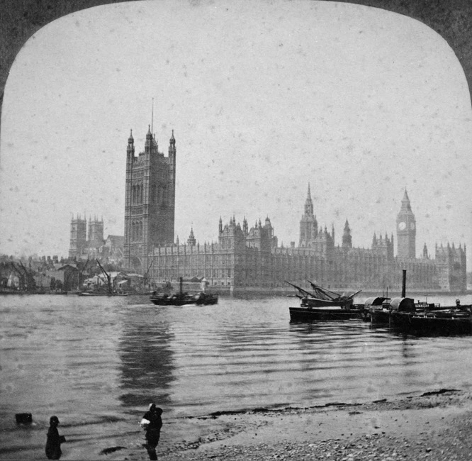 The Palace of Westminster beside the Thames before the river was embanked, Westminster, London, 1860s